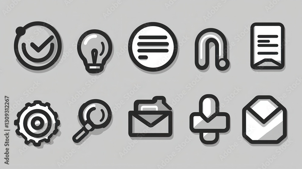 Poster set of 15 minimal outline icons representing various decision making elements such as checkboxes rad