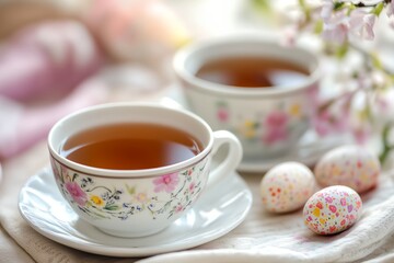 Two cups of tea sit on a white plate with a floral design.