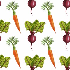A seamless pattern featuring colorful vegetables including carrots and beets with green leaves on a white background.