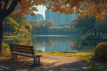 Obraz premium Autumn Park Lakeside Serenity