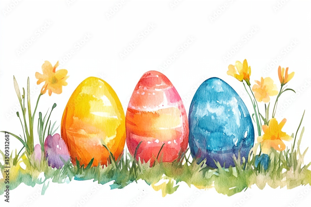 Aufkleber three eggs are painted in different colors and are placed in a field of grass.