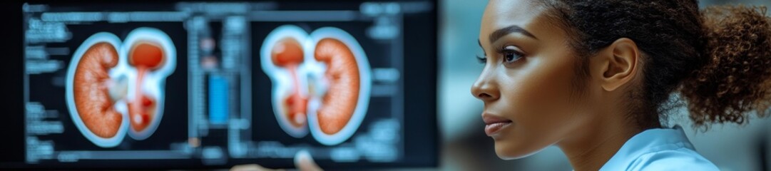 Female medical professional analyzing kidney scan images on a computer screen in a healthcare setting. Generative AI