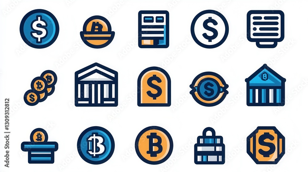 Poster set of 15 outline icons related to coins finance and banking concepts in minimalist design the icons