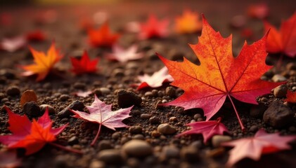 Vibrant red & orange maple leaves, fallen on rich brown earth , october, gold