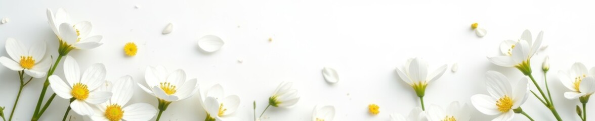 Scattered white spring flowers, airy and bright white background , airy, white flowers