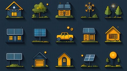 Obraz premium This set of simple outline icons showcases a diverse range of residential building types from classic cottages and cabins to modern energy efficient homes