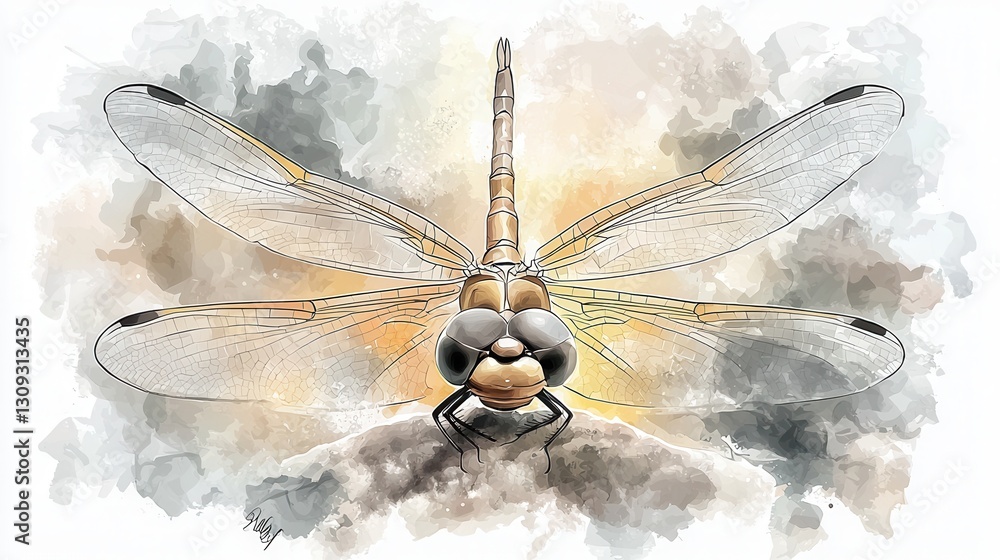 Poster soft and watercolor sketch of a dragonfly in flight showcasing its intricate wings delicate features