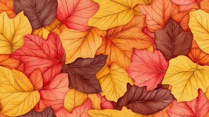 Fototapeta premium Vibrant Autumn Leaves Background with Rich Red, Orange, Yellow, and Brown Colors for Seasonal Decor and Crafts
