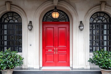 The red door of a building is open, revealing a white door.