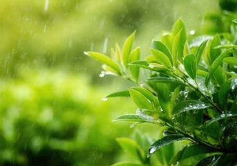 Fresh green leaves glistening with raindrops in a lush garden setting