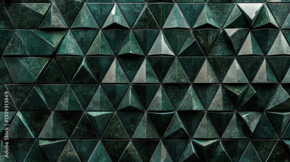 Fototapete Luxurious dark green triangle mosaic pattern with fluted details, creating depth and a contemporary architectural feel