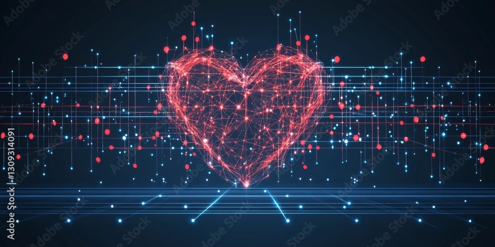 Poster glowing red heart in abstract cyberspace with dots and lines digital network communication.