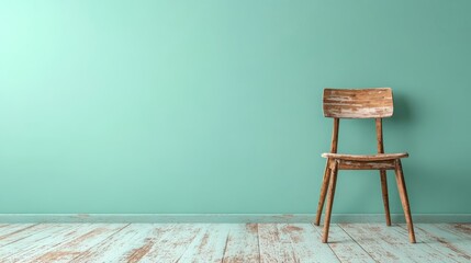 A rustic wooden chair set against a soothing aqua wall, radiating charm and simplicity, perfect for capturing artistic expressions in a tranquil space.