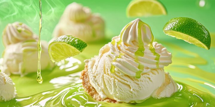 Flying key lime pie ice cream with lime syrup drizzles on a bright green and yellow background