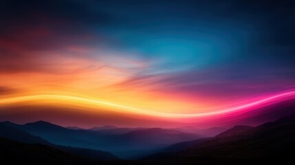 An enchanting sunset casts a colorful glow over the mountains, with ethereal light trails weaving across the sky, creating a surreal and dreamlike atmosphere.
