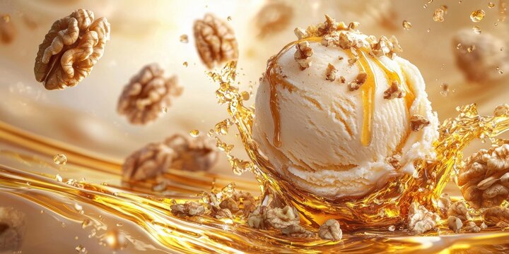 Flying maple walnut ice cream with golden maple syrup and crushed walnuts on a soft brown and amber background - Powered by Adobe
