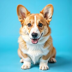 A corgi dog with brown and white fur, pointy ears, and a happy expression, set against a solid light blue background