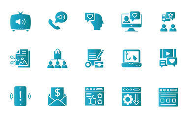 A comprehensive set of digital marketing icons in a rich brown tone.