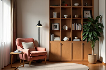 A stylish modern mid-century living room with warm tones and minimalist decor  .