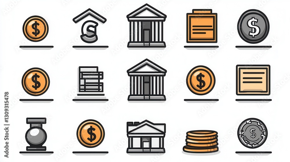 Poster thin line icon set of 15 coin related designs representing various finance banking and business conc