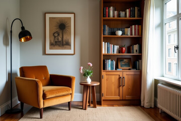 A stylish modern mid-century living room with warm tones and minimalist decor  .