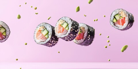 Flying plate of fresh sushi rolls with tuna, cucumber, and avocado, against a pastel lavender background