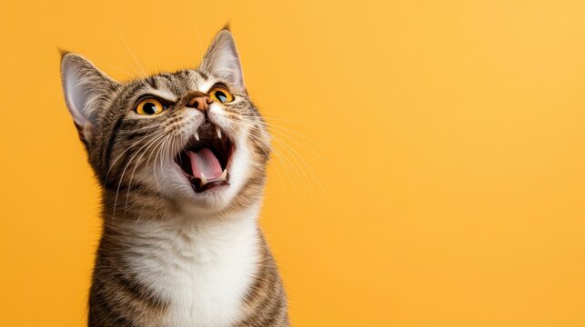 A playful tabby cat yawning against a vivid yellow backdrop, capturing the essence of its carefree and relaxed demeanor in this adorable moment. - Powered by Adobe