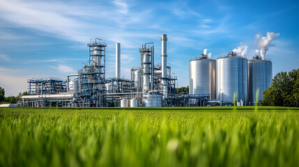 Fototapeta premium A photograph of an industrial plant with silver tanks surrounded by green fields 