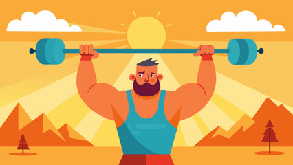 A fearless contender lifts a massive steel bar above his head the sweltering summer heat only adding to the challenge of the Summer Strongman. Vector illustration