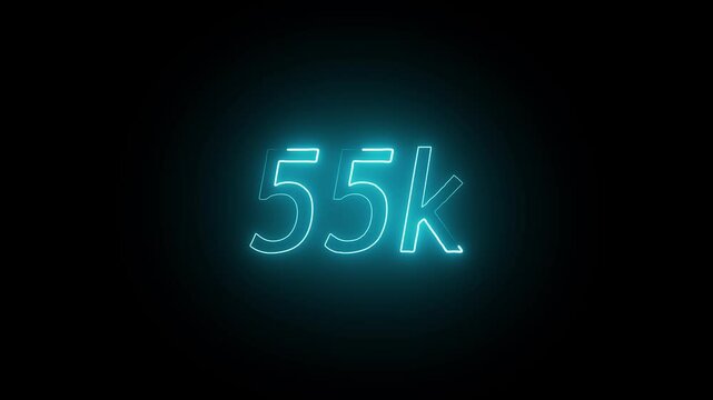 glowing neon 55K text animation on black background. 55k Followers Celebration text animation.