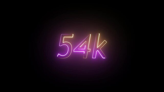 glowing neon 54K text animation on black background. 54k Followers Celebration text animation.