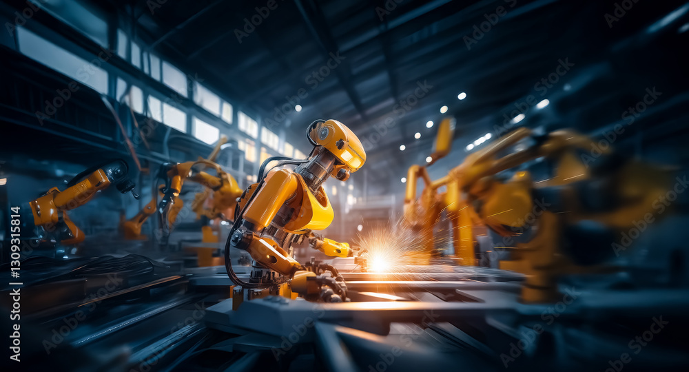 Poster Robots weld metal in a factory. Automated arms with yellow bodies work on a production line in a dark industrial setting with sparks flying.