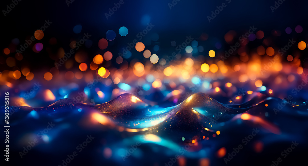 Leinwandbilder abstract image with bokeh lights. orange and blue hues create a contrast and glow on a wavy surface,