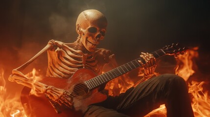 A lively skeleton engrossed in playing a guitar amidst flames conveys a whimsical portrayal of life, passion, and creativity, challenging norms with humor and art.