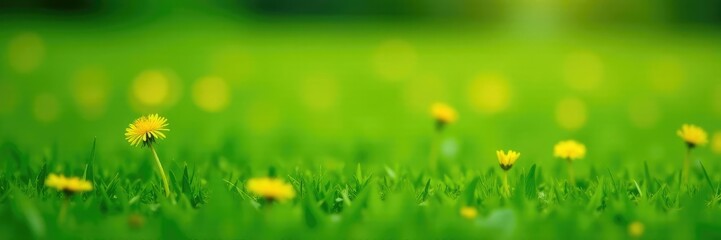Green grass with a few small yellow dandelions on it, yellow, field