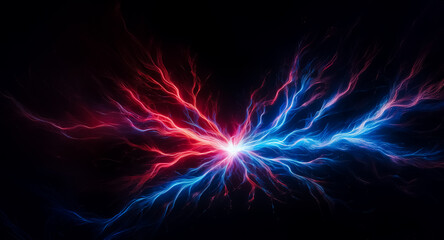 Obraz premium Red and blue electric energy streaks collide in the darkness, creating a vibrant, powerful clash of light and color. Bolts radiate from a central point.