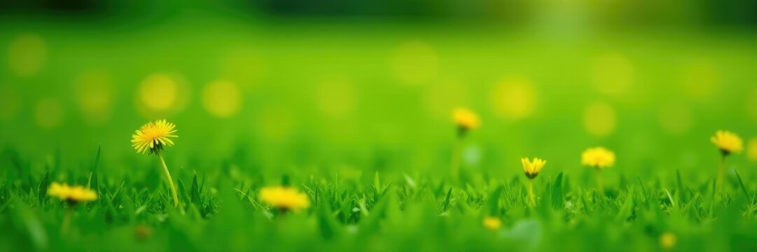 Green grass with a few small yellow dandelions on it, yellow, field