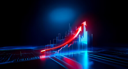 A vibrant red arrow soars upwards over blue bar graphs on a dark backdrop, symbolizing progress, positive trends, and growth in a dynamic visual.