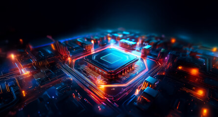 Fototapeta premium Futuristic circuit board with vibrant blue and orange lights illuminates a complex network. Suggests advanced digital processing and electronic system.
