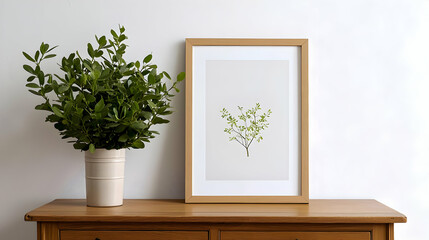 Green Plant In White Vase Beside Wooden Framed Art On Brown Wooden Table Against White Wall
