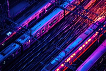 Obraz premium Aerial View of Vibrant Train Station with Colorful Illuminations