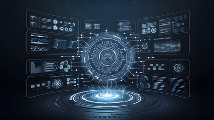 Fototapeta premium A multi-layered holographic screen showing complex AI algorithms at work.