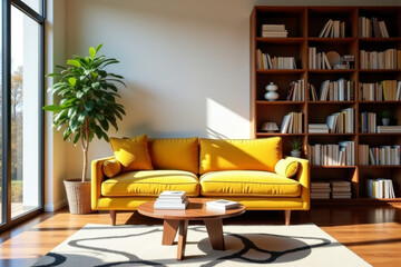 A stylish modern mid-century living room with warm tones and minimalist decor  .