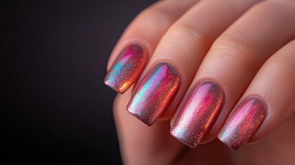 This close-up image showcases stunning holographic nail art featuring vibrant shades of pink and purple, creating a modern and stylish look for nails.