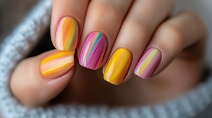 A vibrant and diverse nail art showcasing a rainbow of colorful stripes, perfect for those looking to express creativity and individuality through style.