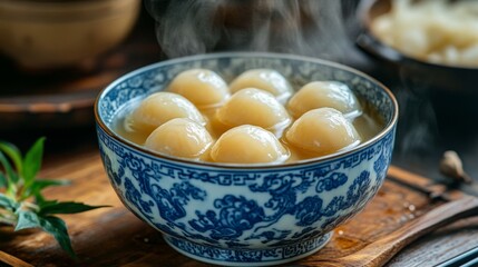 Steaming Sweet Dumplings in Blue and White Bowl