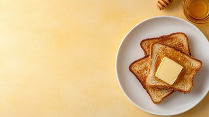 An overhead shot of golden-brown toast topped with a pat of butter and drizzled with honey, offering a tempting glimpse of a simple yet delightful breakfast scene.