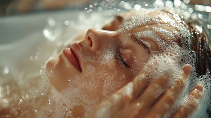 Fototapeta premium Serene woman enjoying relaxing foam bath with eyes closed under gentle sunlight highlighting relaxation and calmness