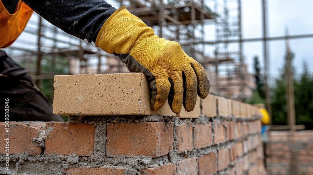Poster brickwork in progress: masons gloved hands placing bricks in perfect rows on a building project.