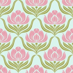 Elegant lotus-inspired floral pattern with flowing green vines and vintage texture. Perfect for wallpaper, textiles, and home decor projects.